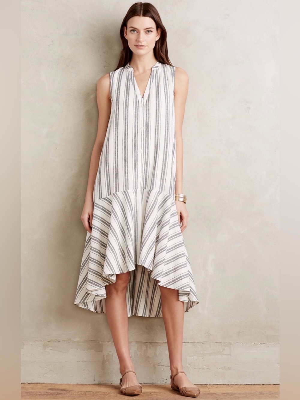 ANTHROPOLOGIE S LINEN Coastal Boho Capsule Minimalist Inked Stripe Shirt Dress